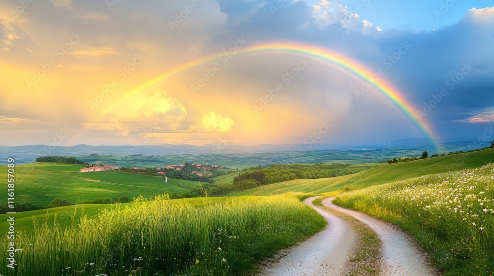 Naklejka premium A beautiful rainbow over the rolling hills of Tuscany, with a small village in the distance and clouds dotting the sky.