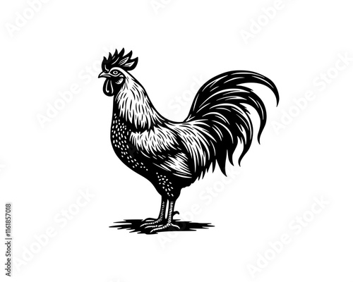 illustration of standing black rooster in woodcut linocut engraving black ink print style 	