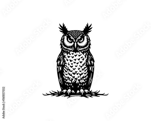 illustration of standing black wise owl in woodcut linocut engraving black ink print style 	
