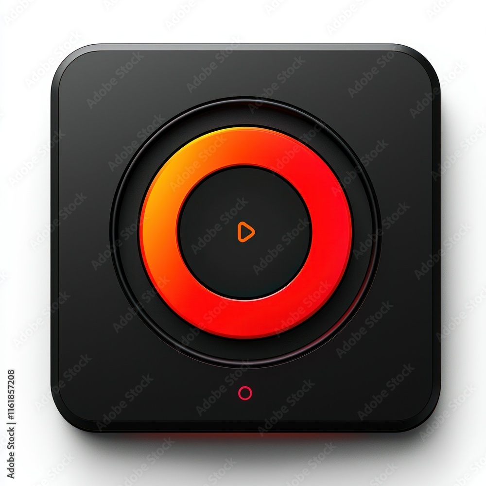 Black square button with orange ring and play icon. Black square button with orange ring and play icon.