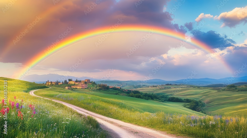 Naklejka premium A beautiful rainbow over the rolling hills of Tuscany, with a small village in the distance and clouds dotting the sky.
