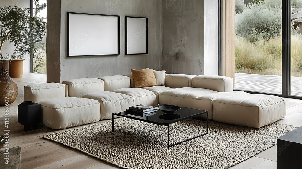 Fototapeta premium Modern sectional sofa in minimalist living room with large windows, neutral tones, and a coffee table.