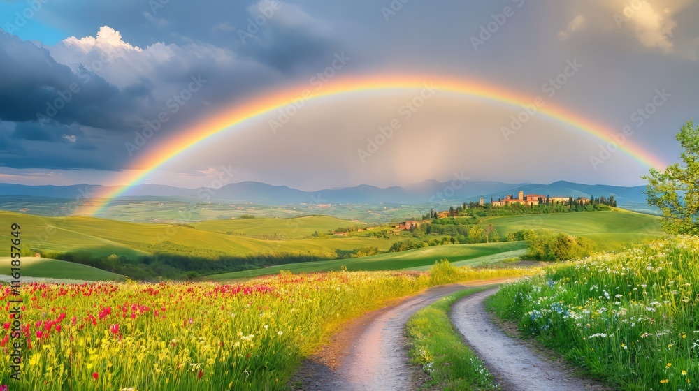 Obraz premium A beautiful rainbow over the rolling hills of Tuscany, with a small village in the distance and clouds dotting the sky.