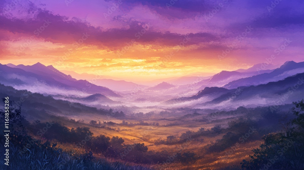 Majestic Sunset Over Misty Mountain Valley Landscape Majestic Sunset Over Misty Mountain Valley Landscape