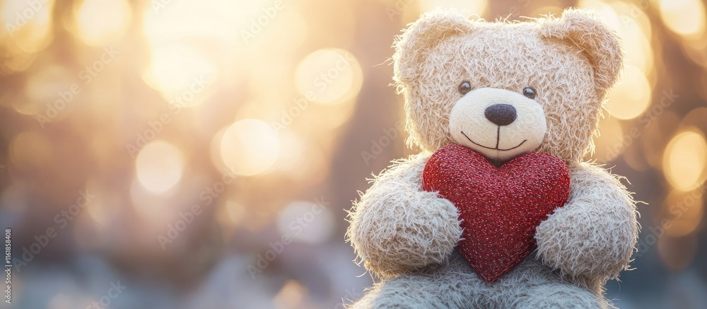 custom made wallpaper toronto digitalTeddy bear holding a red heart against a blurred sunset background.