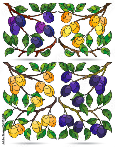 A set of stained glass illustrations with fruit branches, plants isolated on a white background