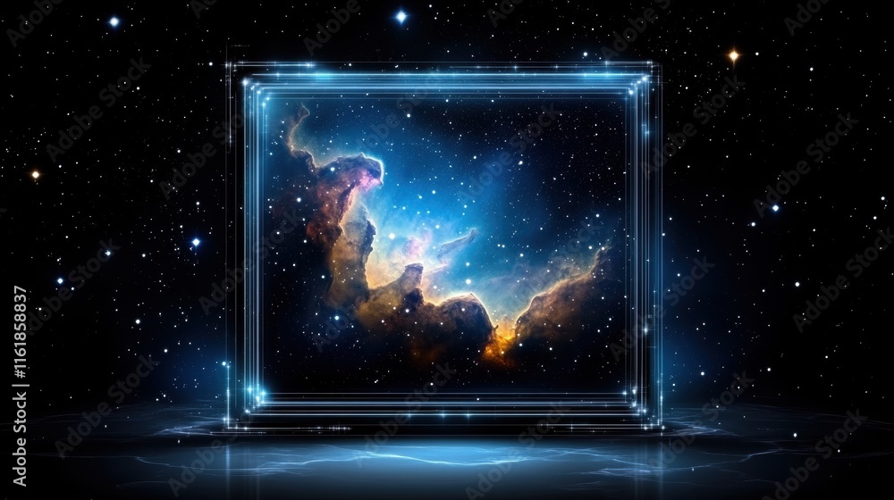 Obraz premium Cosmic Nebula Displayed in Futuristic Frame Glowing Stars and Galaxy Background