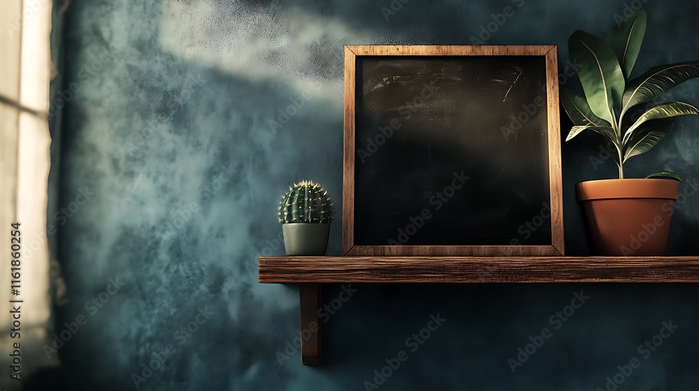 Empty chalkboard on wooden shelf with plants. Empty chalkboard on wooden shelf with plants.
