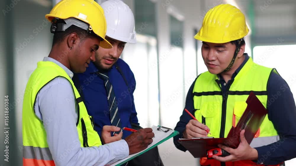 Group Ethnic diversity engineering team worker people, Success teamwork. Group of professional engineering people wearing hardhat safety helmet meeting discussion in new project at warehouse factory