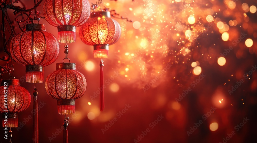 Glowing red lanterns and bokeh lights. Glowing red lanterns and bokeh lights.