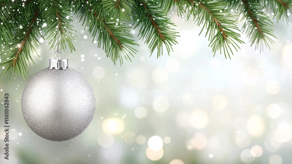 Silver Ornament Hanging From Snowy Pine Branch Silver Ornament Hanging From Snowy Pine Branch