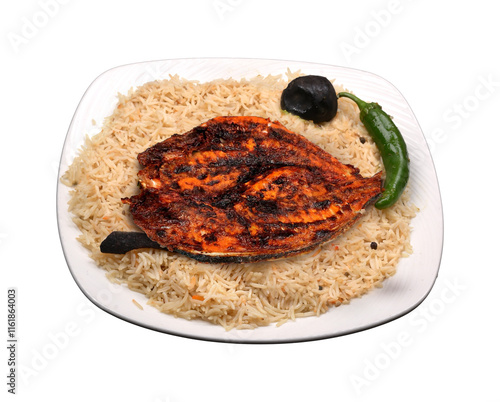Spicy Fried whole Fish Mandi rice in a white ceramic plate in a dark background