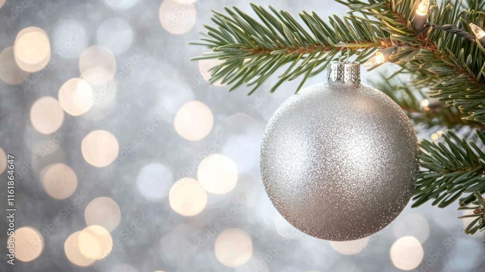 Silver Ornament Hanging On Christmas Tree Branch Silver Ornament Hanging On Christmas Tree Branch