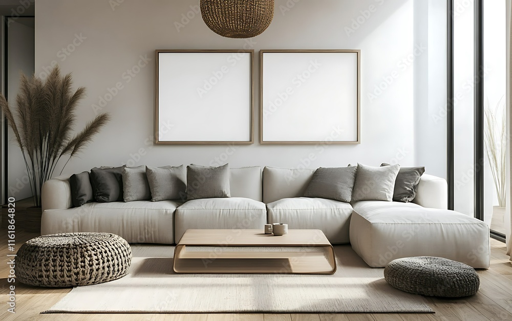 Fototapeta premium Minimalist living room interior with beige sofa, two blank frames, wooden coffee table, and natural decor. (1)