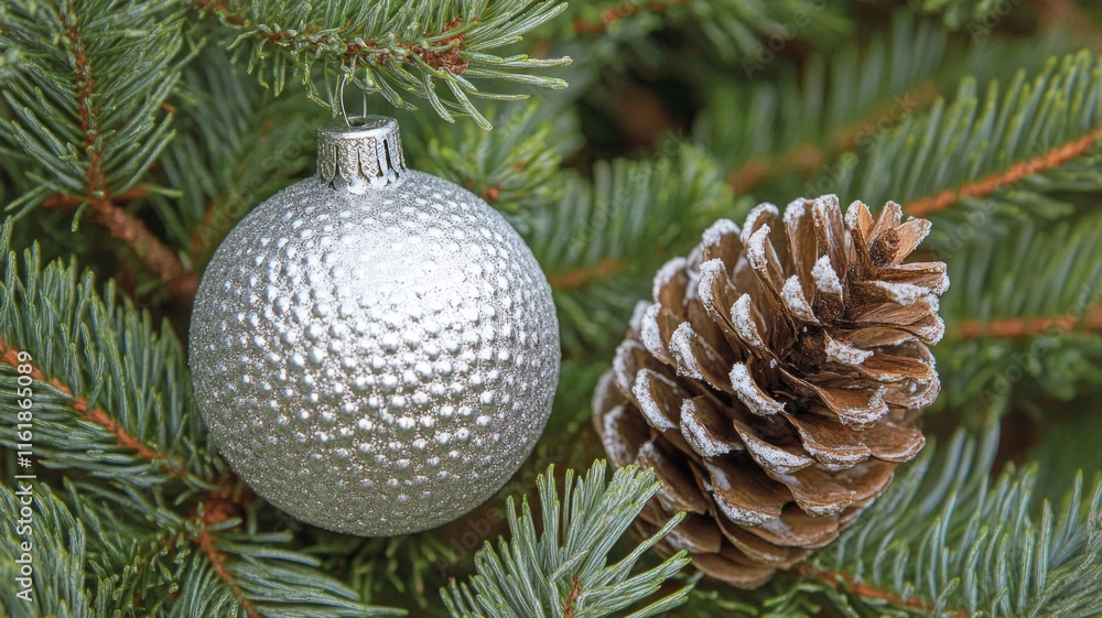 Silver Ornament And Pine Cone On Christmas Tree Branch Silver Ornament And Pine Cone On Christmas Tree Branch