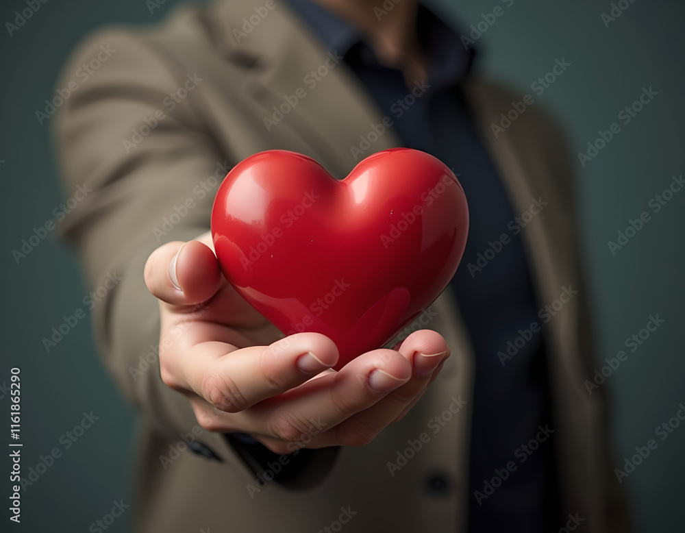 Man wearing light brown suit and navy shirt showing one hand holding big shiny red heart against grey background