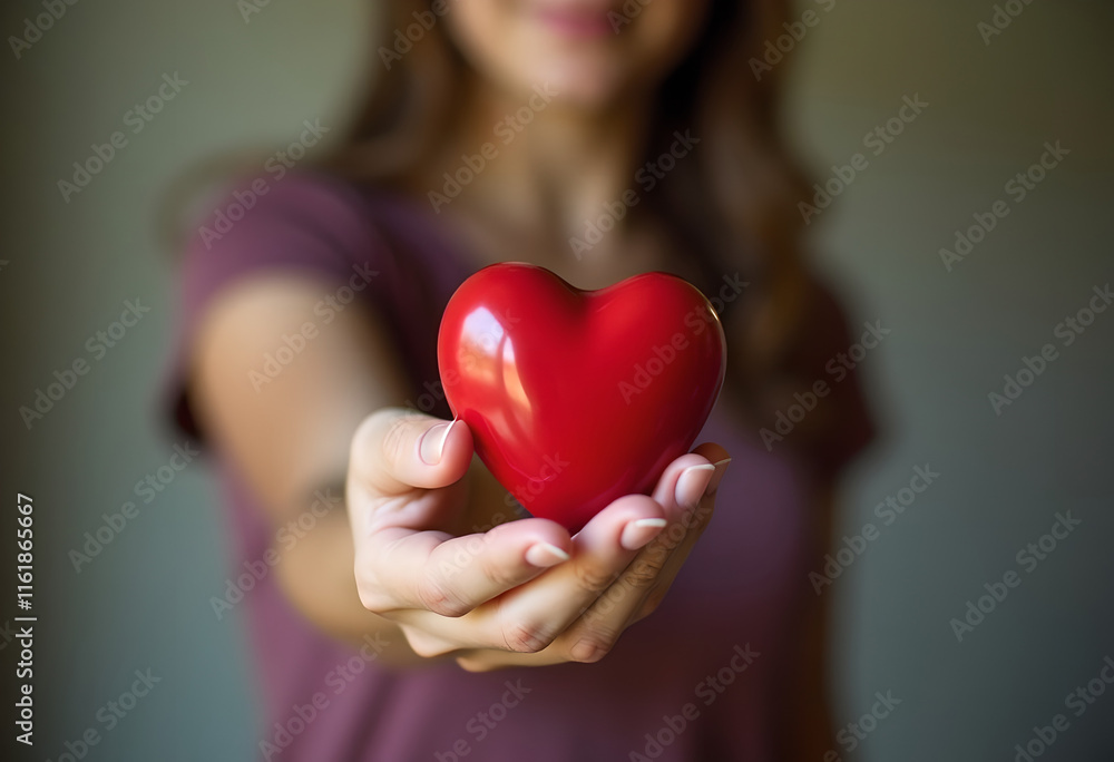 Woman with smiling face and brown hair wearing purple t-shirt top showing one hand holding red heart, selective focus at red heart Woman with smiling face and brown hair wearing purple t-shirt top showing one hand holding red heart, selective focus at red heart