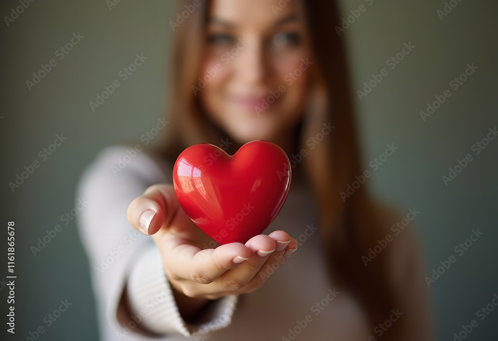 Woman with smiling happy face wearing grey long sleeve top showing one hand holding red heart, half body shot view Woman with smiling happy face wearing grey long sleeve top showing one hand holding red heart, half body shot view