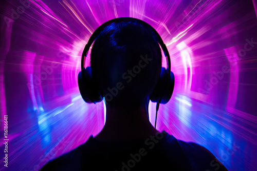 POV angle of a person listening to music with headphones, audio enjoyment photo