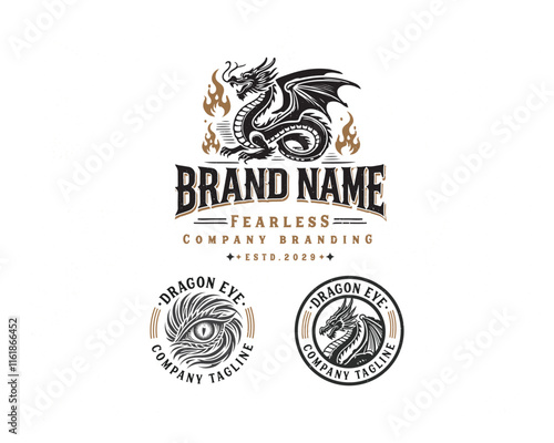 Vintage classic mythological beast dragon fire illustration logo for business company