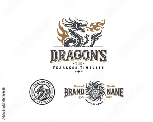Vintage classic mythological beast dragon fire illustration logo for business company