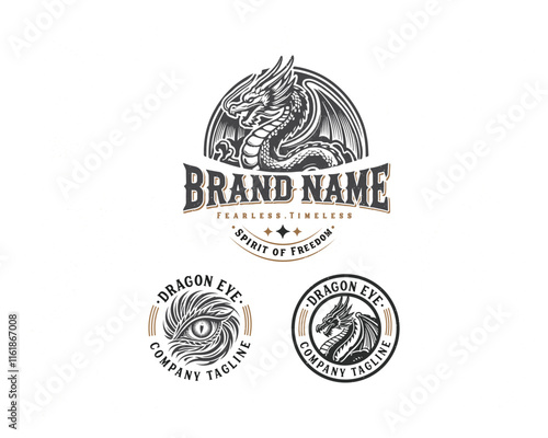 Vintage classic mythological beast dragon fire illustration logo for business company