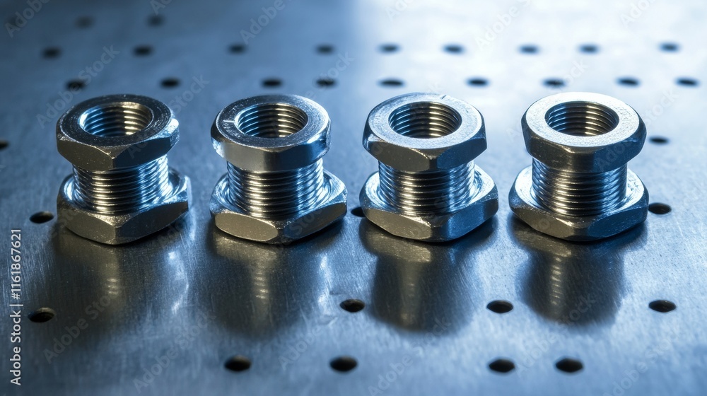 Four shiny bolts on a metallic surface. Precision and attention to detail in engineering. Four shiny bolts on a metallic surface. Precision and attention to detail in engineering.