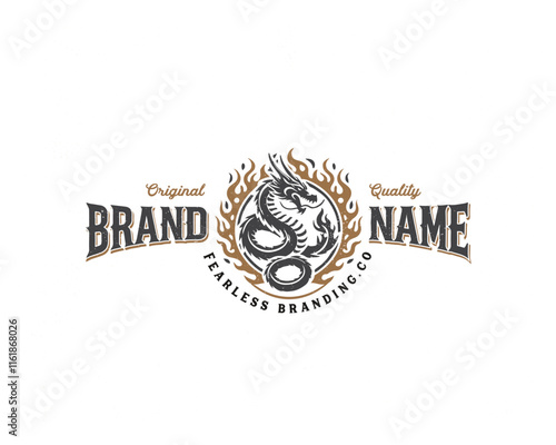 Vintage classic mythological beast dragon fire illustration logo for business company