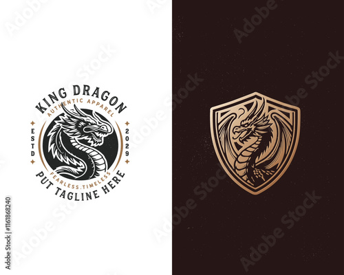 Vintage classic mythological beast dragon fire illustration logo for business company