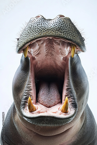 Hippopotamus with mouth open wide on a white background, adding a sense of humor photo