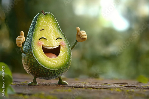 A playful avocado with its pit as a bellybutton, winking and doing a thumbs-up photo