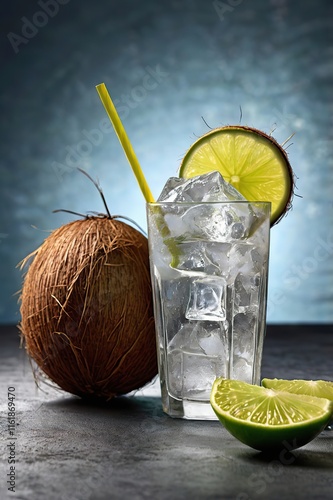 3D design of es kelapa muda, a young coconut drink with ice, served in a glass with lime slices.
