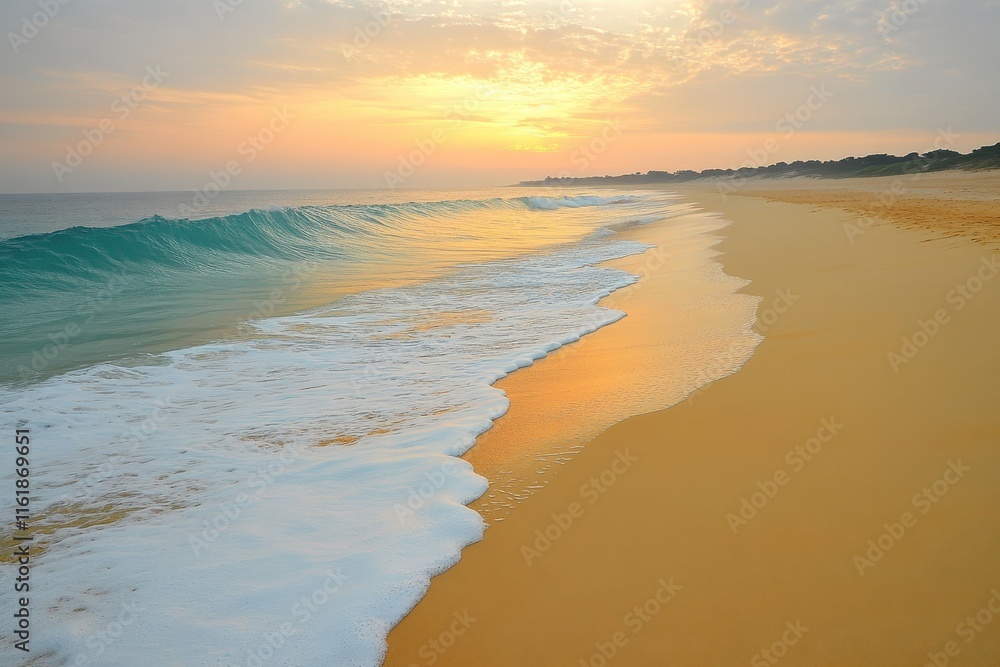 Golden sunset over ocean waves gently lapping a sandy beach. Golden sunset over ocean waves gently lapping a sandy beach.