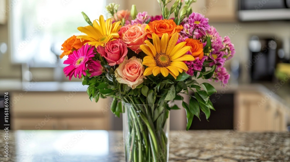 A bouquet of mixed flowers in a vase on a kitchen counter for Mother's Day morning. A bouquet of mixed flowers in a vase on a kitchen counter for Mother's Day morning.