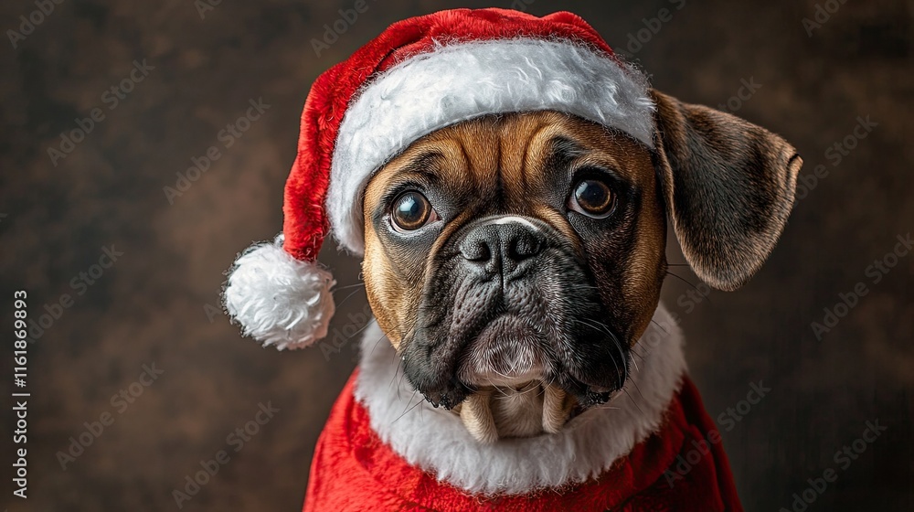 An image of a dog dressed as Santa that is appropriate for family cards and seasonal advertising. An image of a dog dressed as Santa that is appropriate for family cards and seasonal advertising.