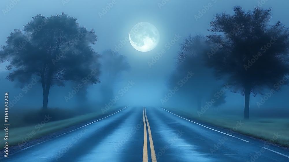 Misty Road Underneath A Full Moon At Night Misty Road Underneath A Full Moon At Night