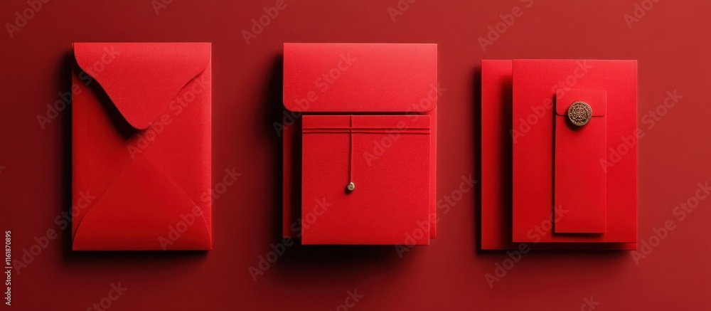 Three red envelopes on a red background, one closed, one tied, one with a seal. Three red envelopes on a red background, one closed, one tied, one with a seal.