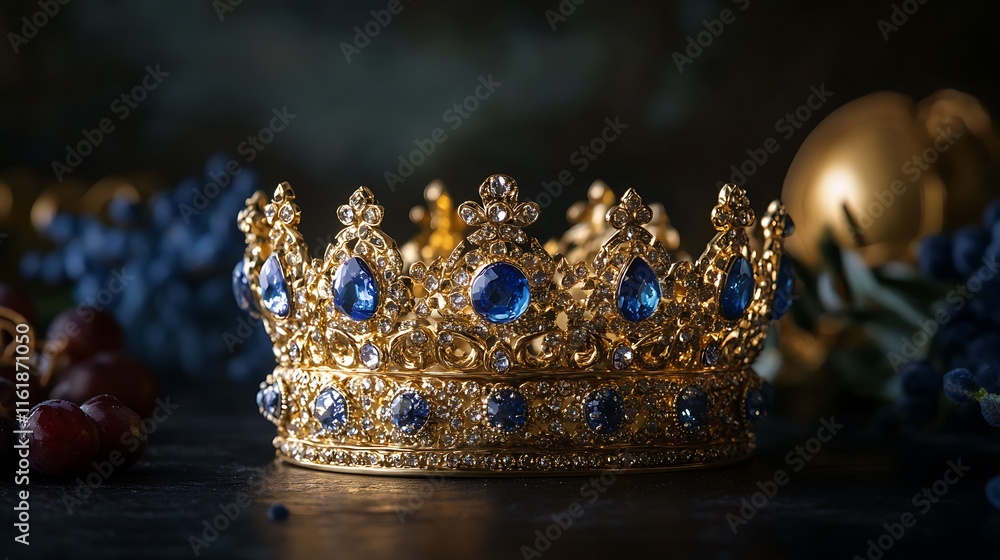 A Gold Crown Adorned With Blue Sapphires and Diamonds A Gold Crown Adorned With Blue Sapphires and Diamonds