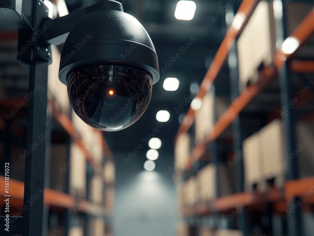 Surveillance camera monitoring inventory storage warehouse security technology indoor close-up safety Surveillance camera monitoring inventory storage warehouse security technology indoor close-up safety