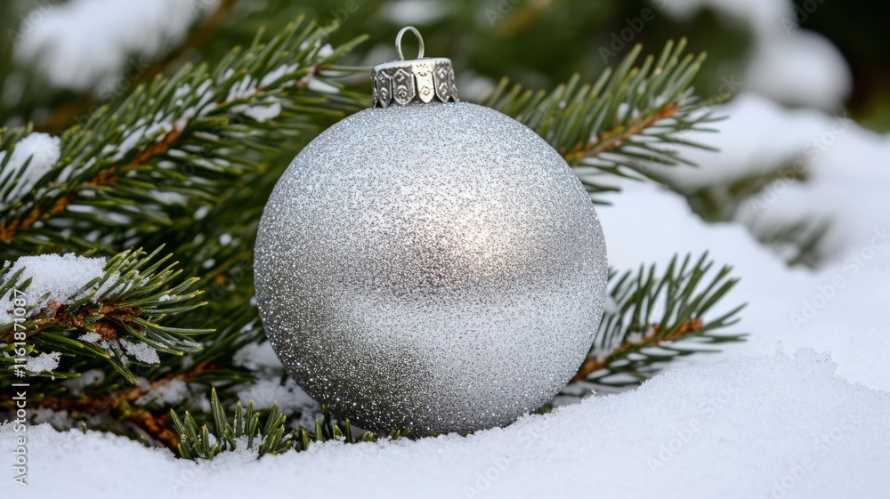 Silver Christmas Ornament Rests On Snowy Pine Branch Silver Christmas Ornament Rests On Snowy Pine Branch