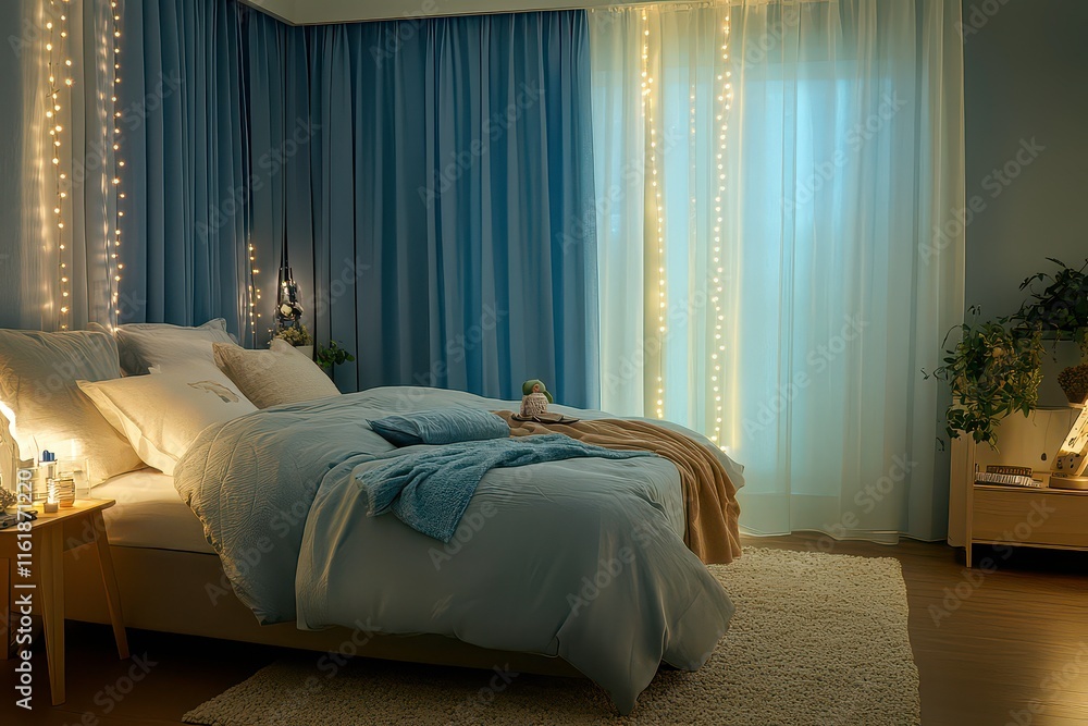 Fototapeta premium Cozy bedroom with soft lighting, a bed, and decorative elements creating a serene atmosphere.