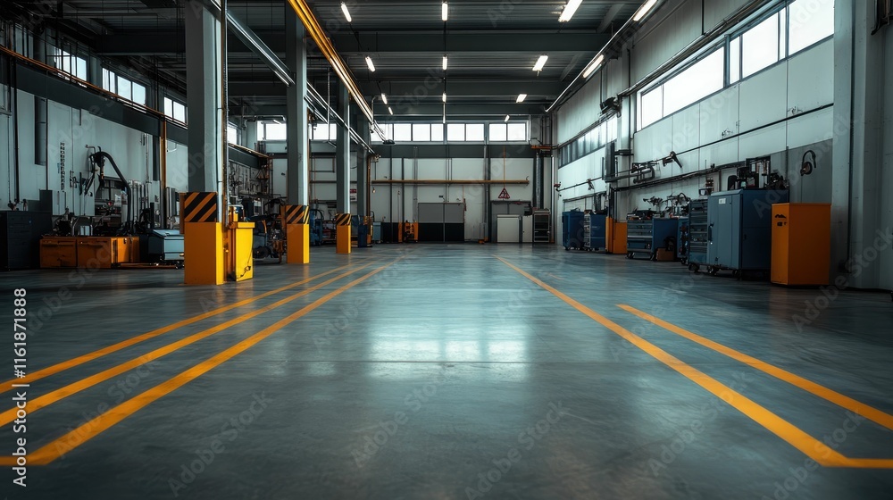 Empty industrial warehouse interior with polished concrete floor and yellow lines.