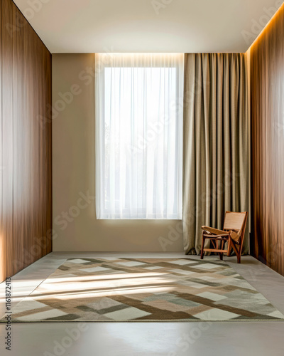 Elegant minimalist interior featuring natural light and wooden accents in a modern space