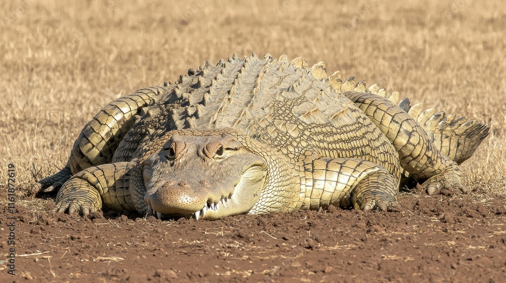 Large crocodile resting on dry, reddish-brown ground near dry, light brown grass. Large crocodile resting on dry, reddish-brown ground near dry, light brown grass.