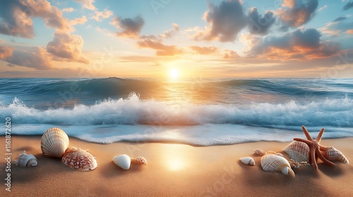 Seashells and Starfish on a Golden Sunset Beach photo