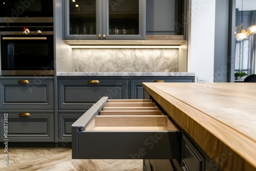 Modern kitchen island with open drawer, gray cabinets, and marble backsplash. photo