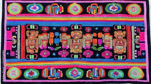 Colorful textile featuring intricate patterns and cultural motifs. photo