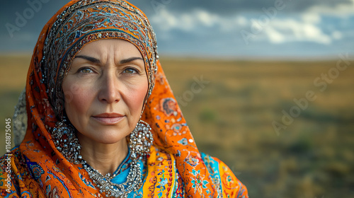 Kazakh woman in a traditional embroidered scarf and brightly colored dress photo