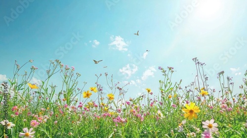 Fototapeta Naklejka Na Ścianę i Meble -  A bright spring scene with colorful flowers, green grass, and birds chirping under a clear blue sky