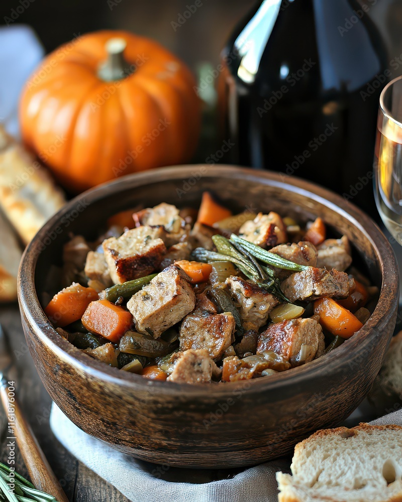 A warm bowl of hearty stew with vegetables, surrounded by autumn decor. A warm bowl of hearty stew with vegetables, surrounded by autumn decor.